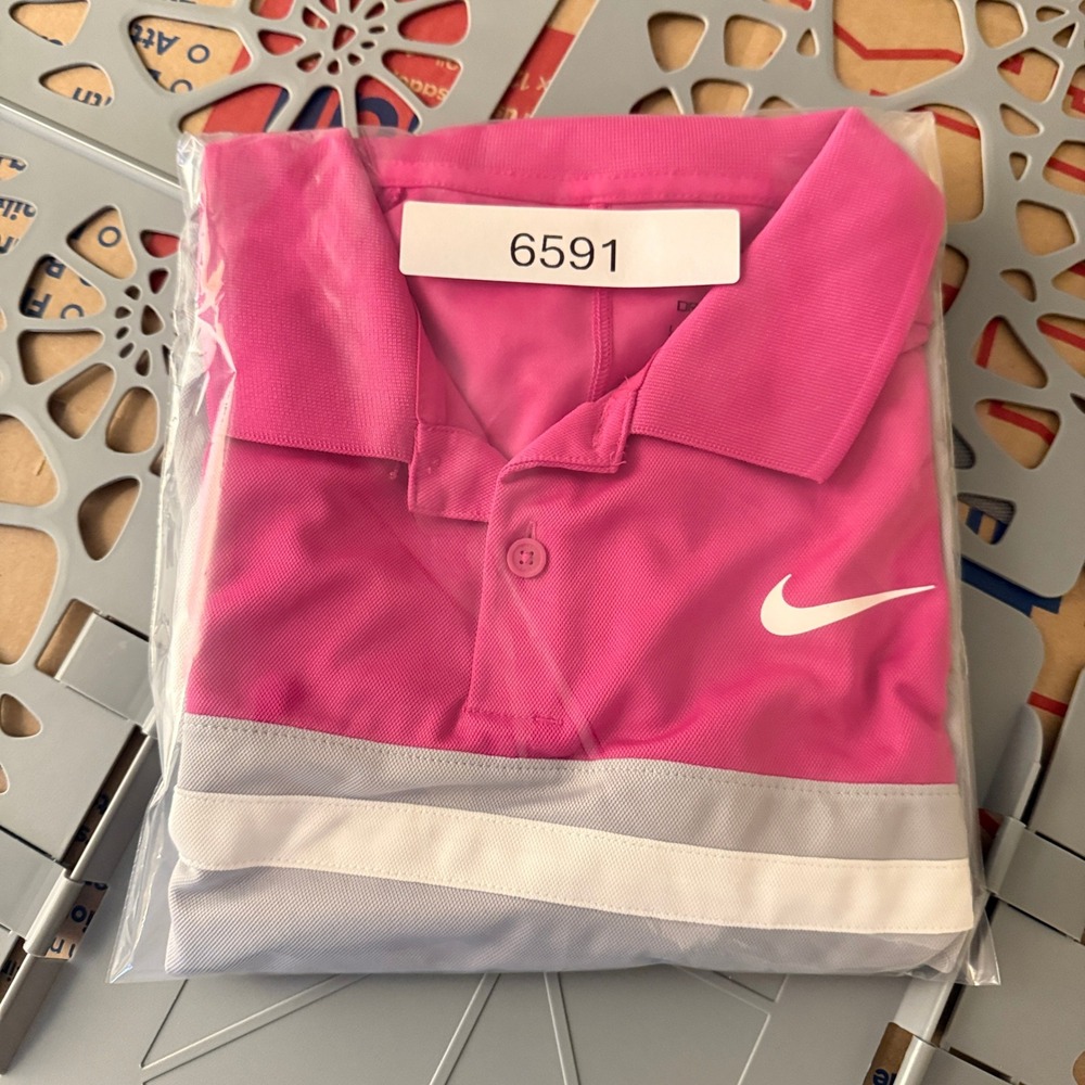 Nike Dri-Fit Golf Polo Shirt Mens Large Pink Gray Short Sleeve - Picture 9 of 9